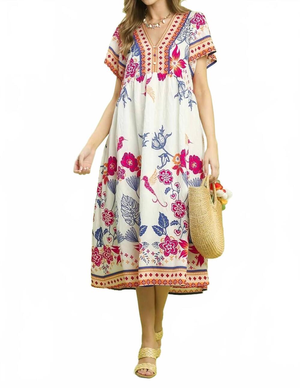 NEW UMGEE boho floral midi dress in blue mix